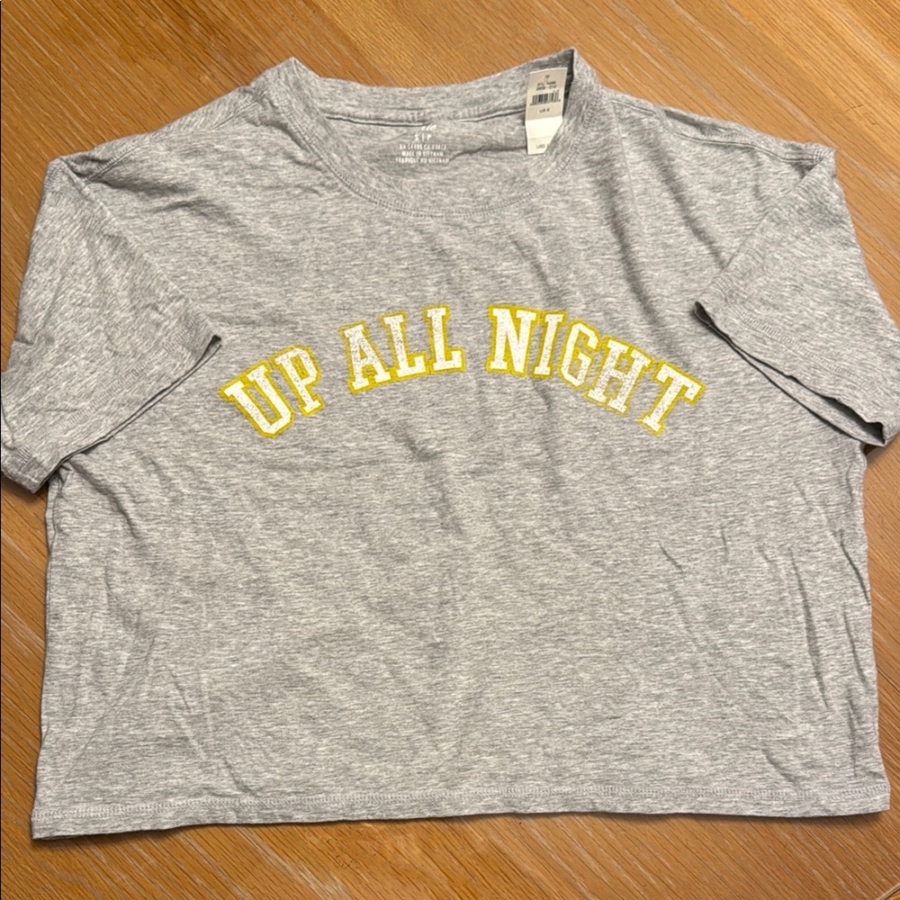 Gray Aerie Cropped T-Shirt with Yellow 'Up All Night' Print Size Small